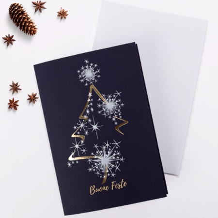 Biglietto Natale in blu e rilievi oro